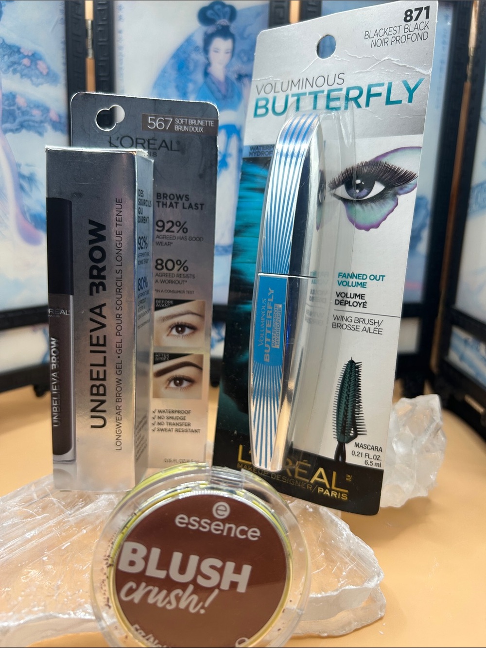 L'Oreal Voluminous Butterfly Mascara & Unbelieva Brow Duo with Essence Blush